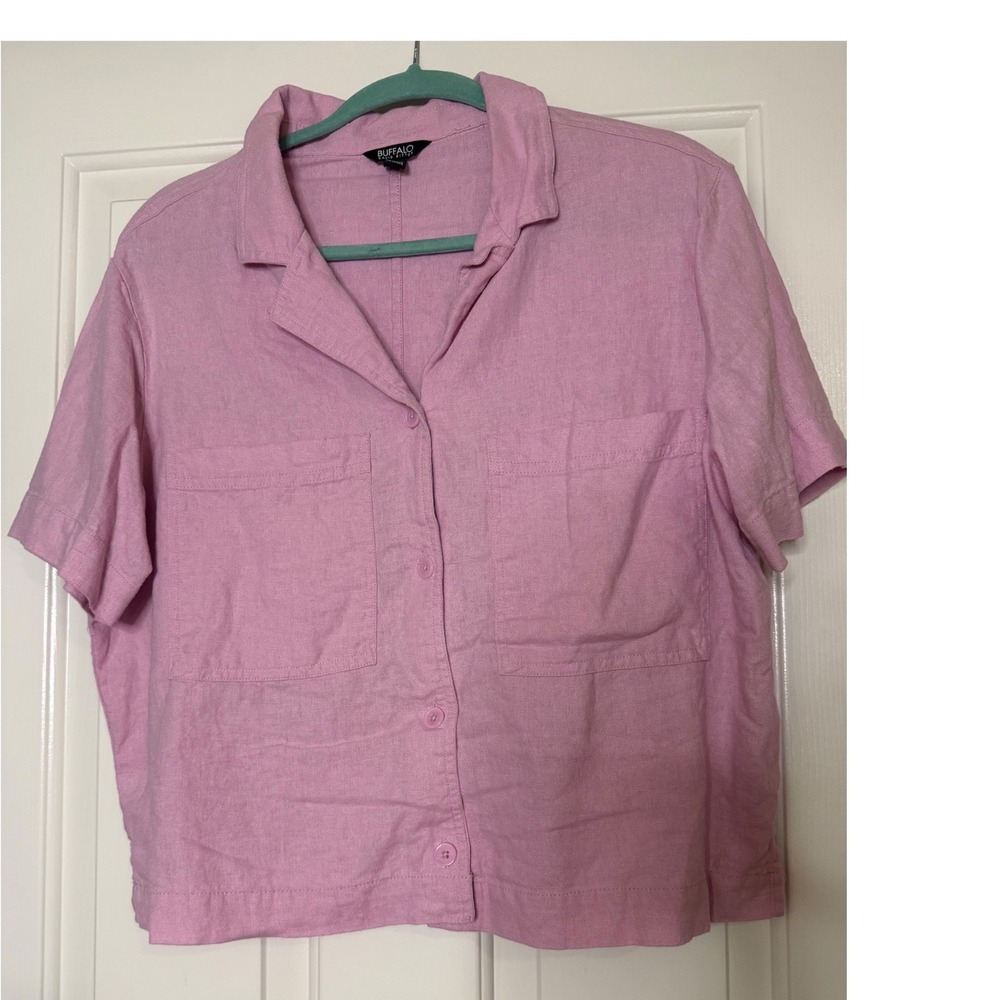 Buffalo David Bitton Pink Linen Blend Short Sleeve Button Down Shirt Large